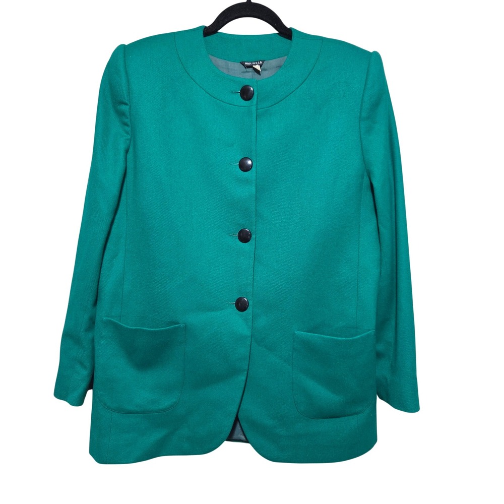 Vintage Emerald Green Collarless Button Up Blazer Jacket Made in USA Size 12